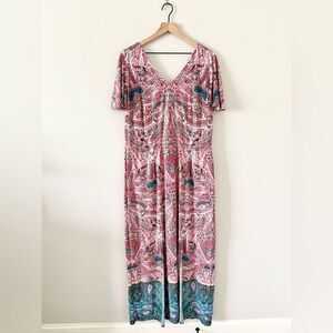 London Times Maxi Dress with Flutter Sleeve in Pink Teal Multi Paisley - Size 1X